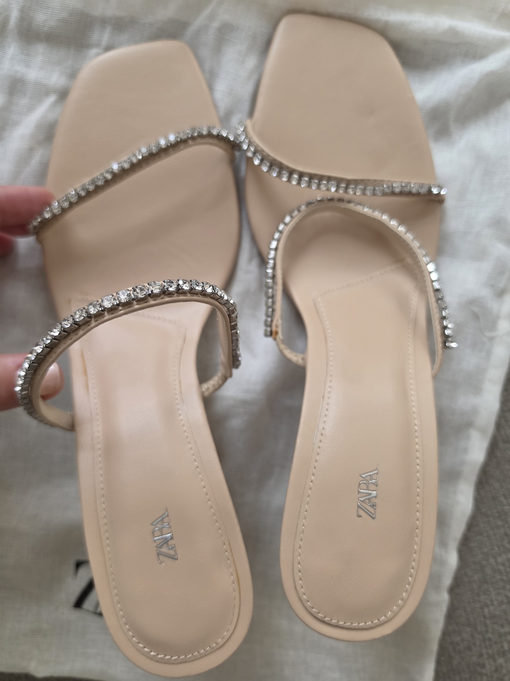 ZARA Nude Crystal-Strap Square-Toe Sandals